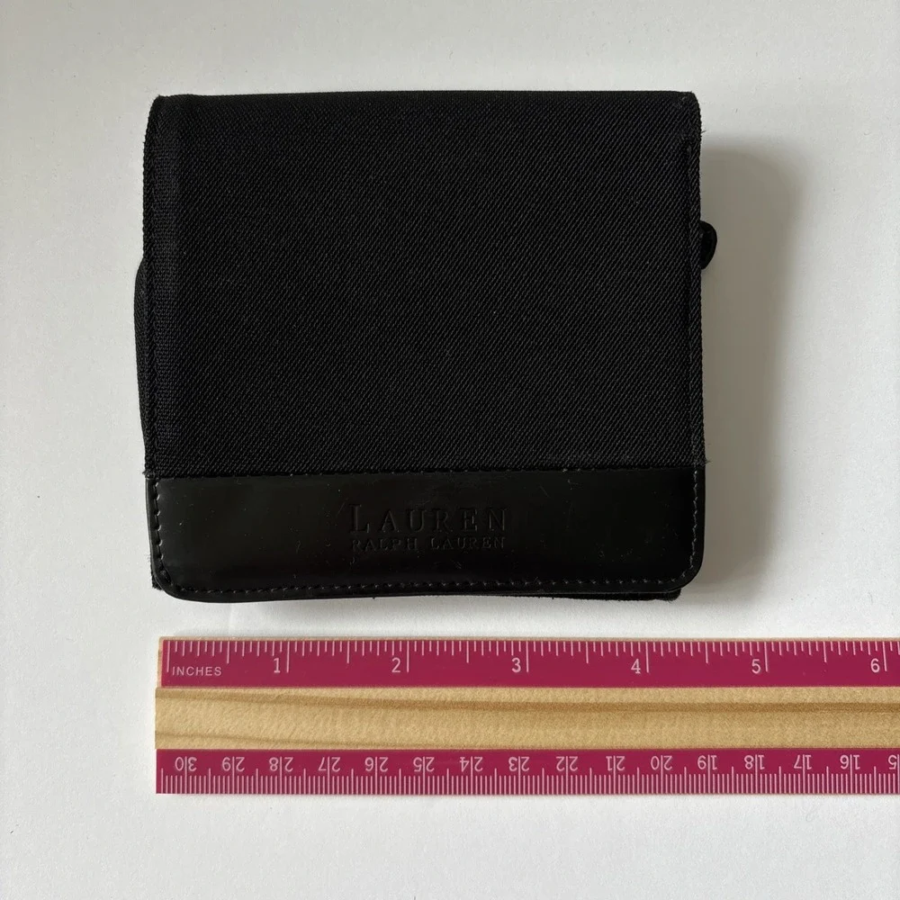Lauren Ralph Lauren Bifold‎ Wallet Black Canvas Gloss Faux Leather 6 Pocket